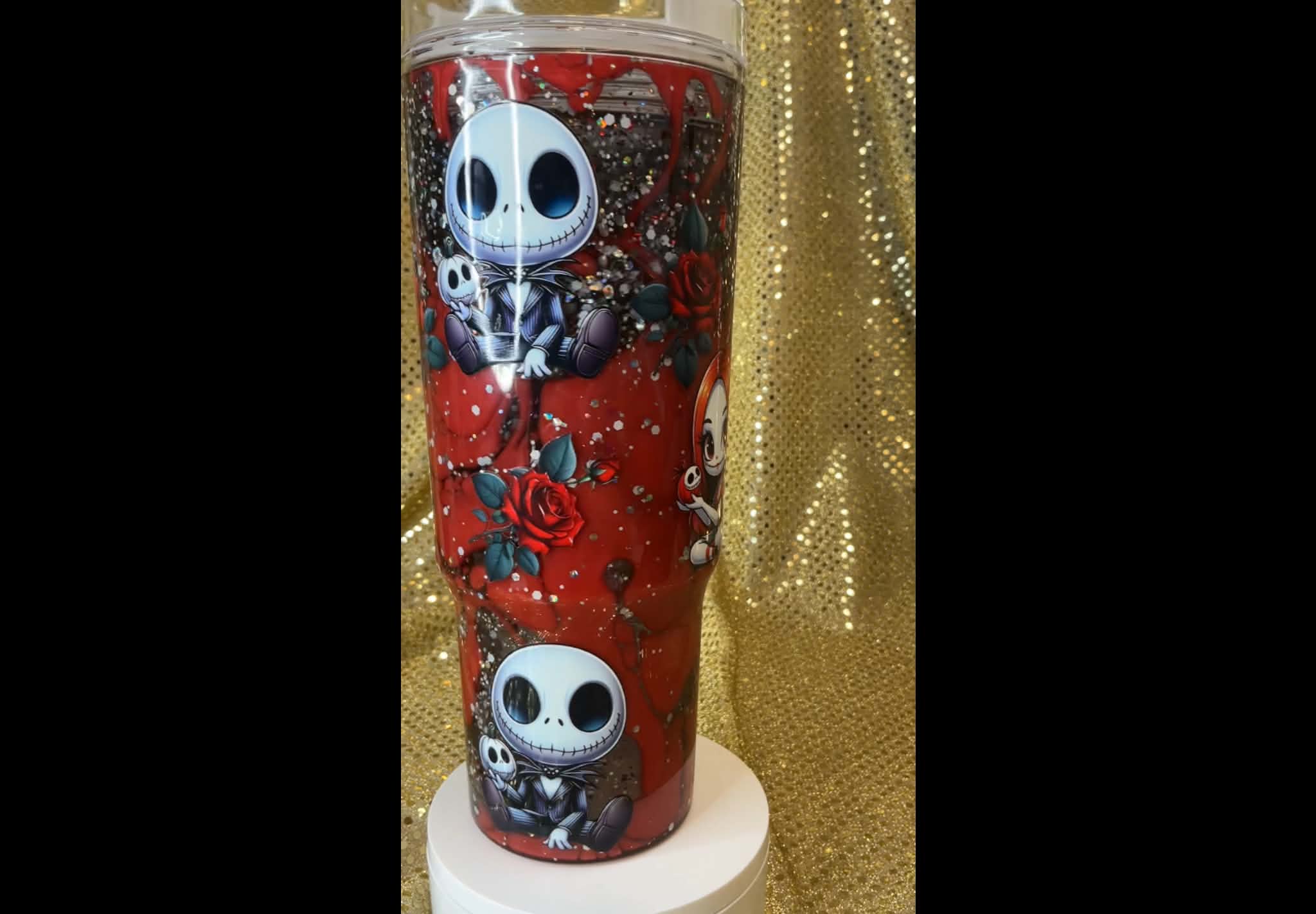 40oz Jack & Sally Snowglobe Tumbler – Black & Red Dual Lava